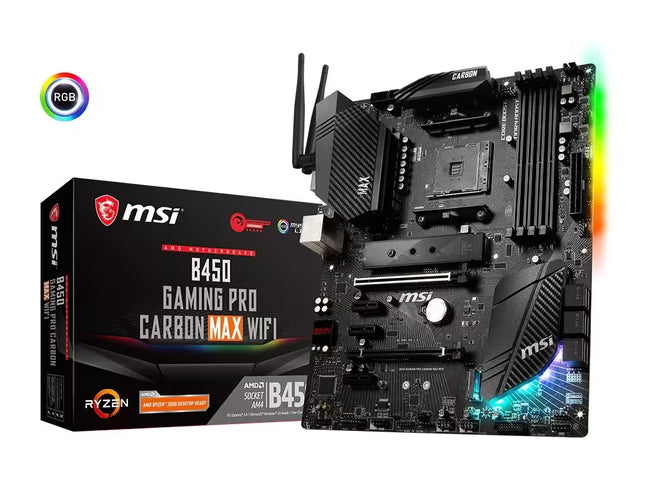 MSI B8450 Gaming Pro Carbon Max WiFi AMD Ryzen 5 5600X processor motherboard package shown next to the black motherboard itself, with RGB lighting accents and a circular RGB icon on a white background.