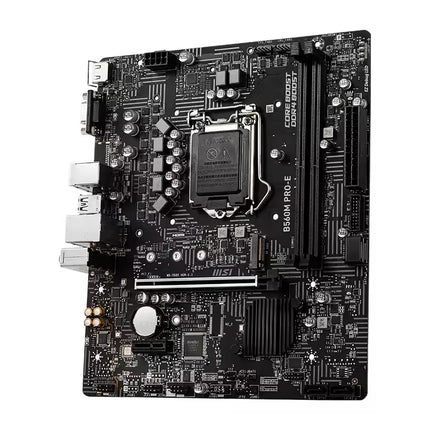 A black and gray Intel LGA1200 desktop motherboard with DDR4 RAM slots, PCIe slots, and various ports on the left side, shown on a plain white background.