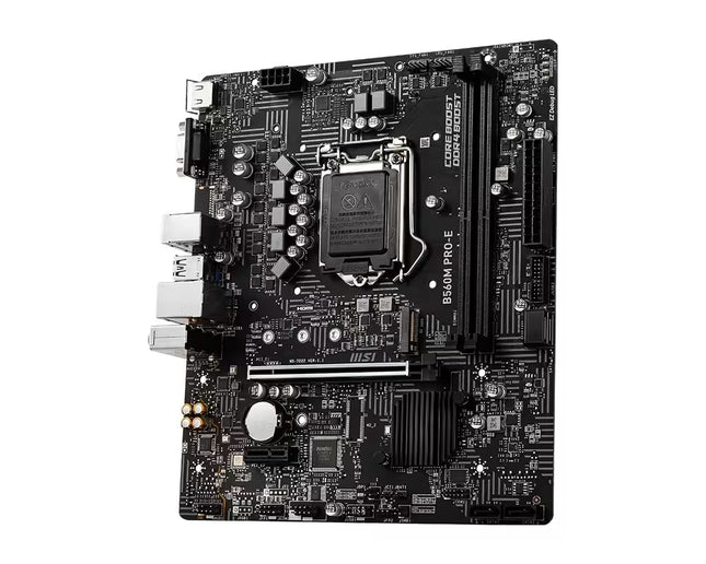 A black and gray Intel LGA1200 desktop motherboard with DDR4 RAM slots, PCIe slots, and various ports on the left side, shown on a plain white background.