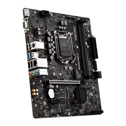 A black ASRock Z690 PRO-E motherboard with white branding and silver CPU socket, photographed at an angle on a solid white background.