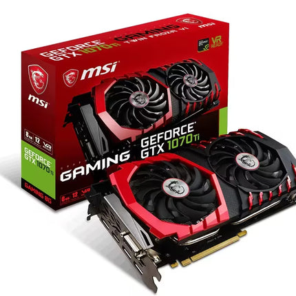 MSI GeForce GTX 1070 Ti gaming graphics card shown in front of its red retail packaging box on a clean white background.