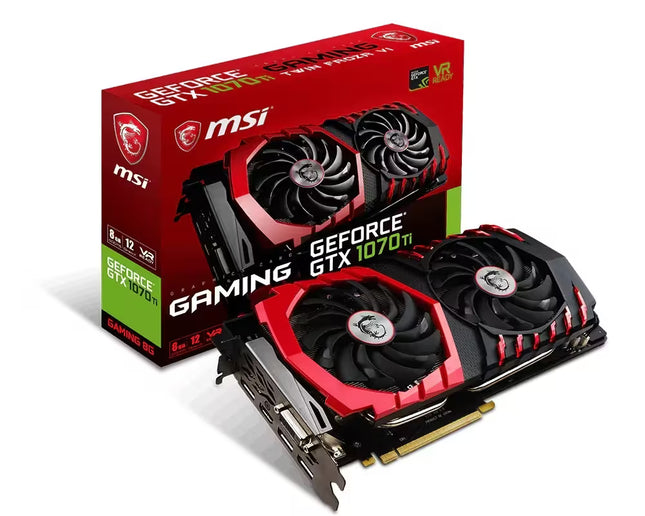 MSI GeForce GTX 1070 Ti gaming graphics card shown in front of its red retail packaging box on a clean white background.