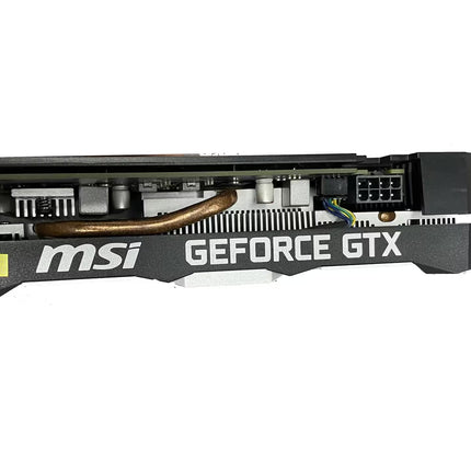 "Side view of MSI GeForce GTX 1660 Ti Ventus XS graphics card showing the 8-pin PCIe power connector and copper heatpipe."
