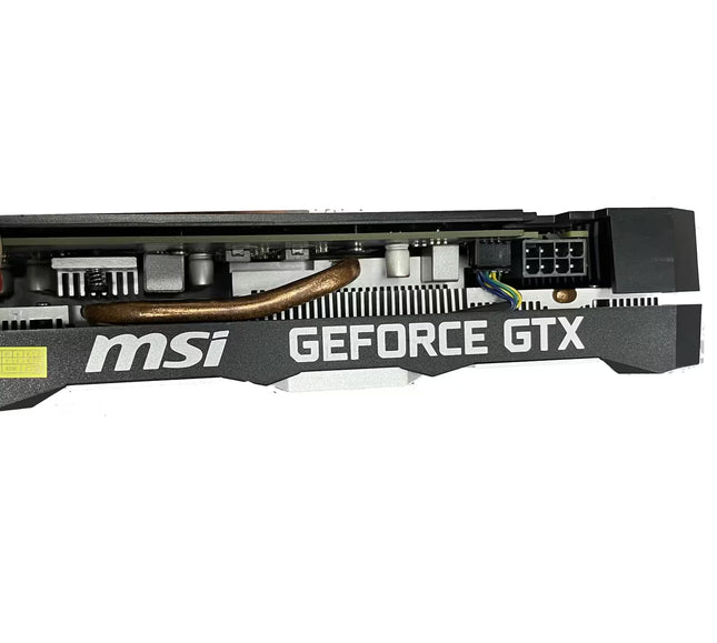 "Side view of MSI GeForce GTX 1660 Ti Ventus XS graphics card showing the 8-pin PCIe power connector and copper heatpipe."