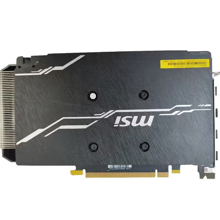 "Back view of MSI GeForce GTX 1660 Ti Ventus XS graphics card featuring a full-length black metal backplate."