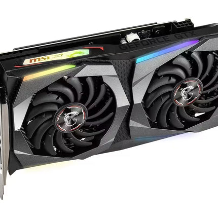 Angled view of the MSI GeForce GTX 1660 Ti Gaming X graphics card featuring dual cooling fans, RGB accents, and an 8-pin power connector.