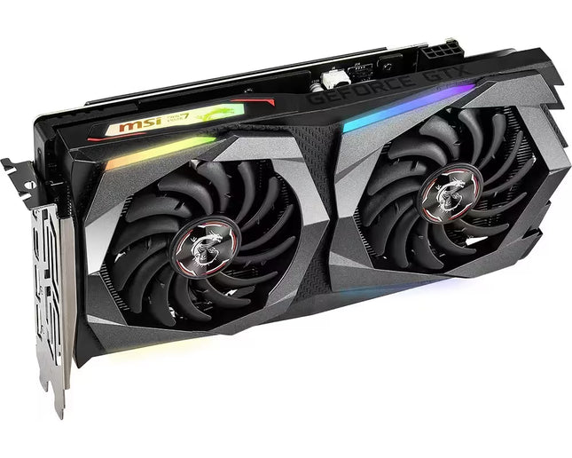 Angled view of the MSI GeForce GTX 1660 Ti Gaming X graphics card featuring dual cooling fans, RGB accents, and an 8-pin power connector.
