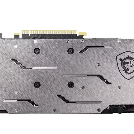 Rear view of the MSI GeForce GTX 1660 Ti Gaming X graphics card with a brushed metal backplate and MSI dragon logo.