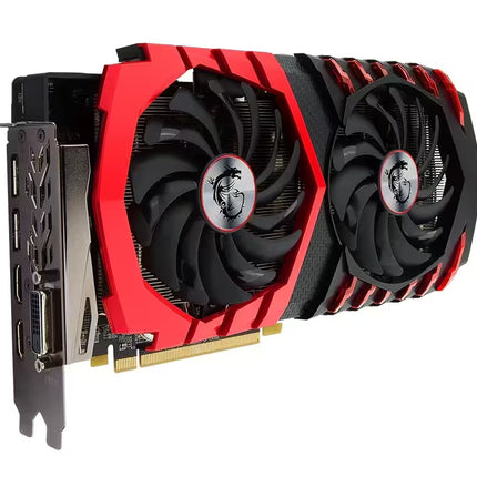 A red and black dual-fan graphics card with a gold PCIe connector, shown on a plain white background.