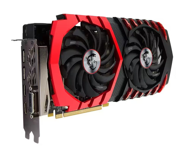 A red and black dual-fan graphics card with a gold PCIe connector, shown on a plain white background.