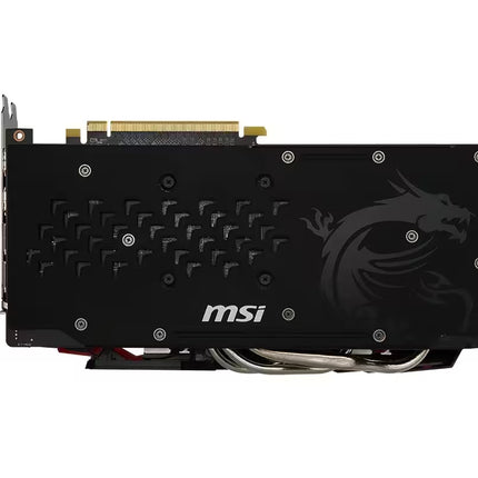 MSI gaming graphics card featuring a black metal shroud with a dark dragon logo, white MSI branding, and a gold PCIe connector, shown against a plain white background.