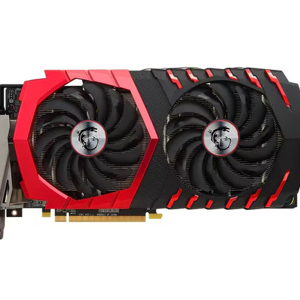A MSI Radeon™ RX 580 graphics card with a black and red dual-fan design, featuring the MSI logo on the fan centers, shown on a solid white background.