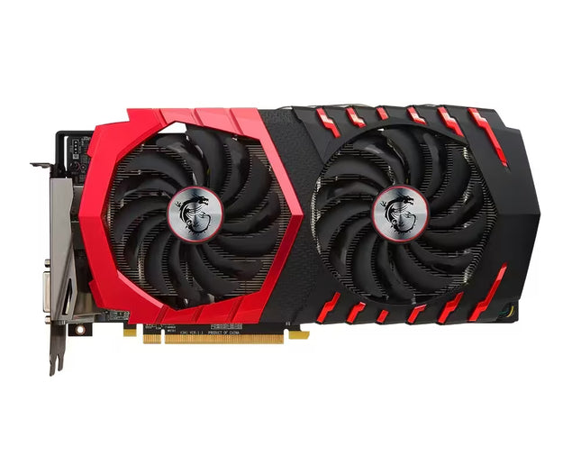 A MSI Radeon™ RX 580 graphics card with a black and red dual-fan design, featuring the MSI logo on the fan centers, shown on a solid white background.