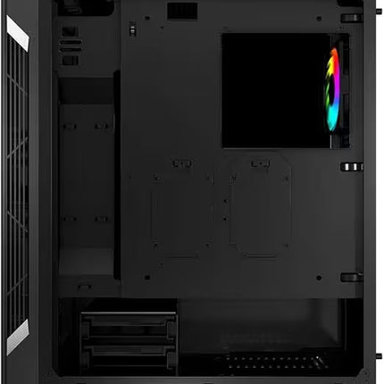 Perspective angular view of the MSI MAG VAMPIRIC 010 mid-tower gaming case, featuring a tinted tempered glass side panel that reveals the illuminated rear RGB fan, and a matte black front panel accented with a vertical dual-slit ARGB light strip and the MSI dragon logo.