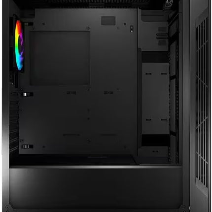 Black computer case interior view showing the empty side panel mount, front PCIe slots, and a colorful RGB fan on the left side.