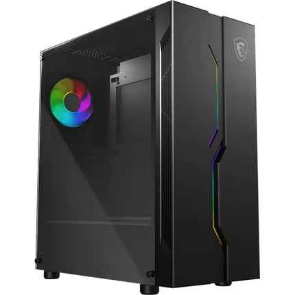 Internal right-side view of the black MSI MAG VAMPIRIC 010 PC case layout, showcasing the motherboard tray, cable routing cutouts, two 2.5-inch SSD drive bays, a bottom drive cage for 3.5-inch HDDs, and a rear-mounted 120mm RGB cooling fan.