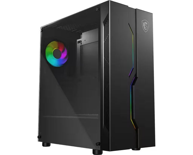 Internal right-side view of the black MSI MAG VAMPIRIC 010 PC case layout, showcasing the motherboard tray, cable routing cutouts, two 2.5-inch SSD drive bays, a bottom drive cage for 3.5-inch HDDs, and a rear-mounted 120mm RGB cooling fan.