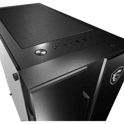 A black gaming computer tower case shown at an angle, featuring a textured top panel, front I/O ports, a power button, and a stylized dragon logo on the side.