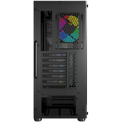 A black mid-tower computer case with a side glass panel, featuring a colorful RGB-lit front fan and multiple drive bays on a white background.