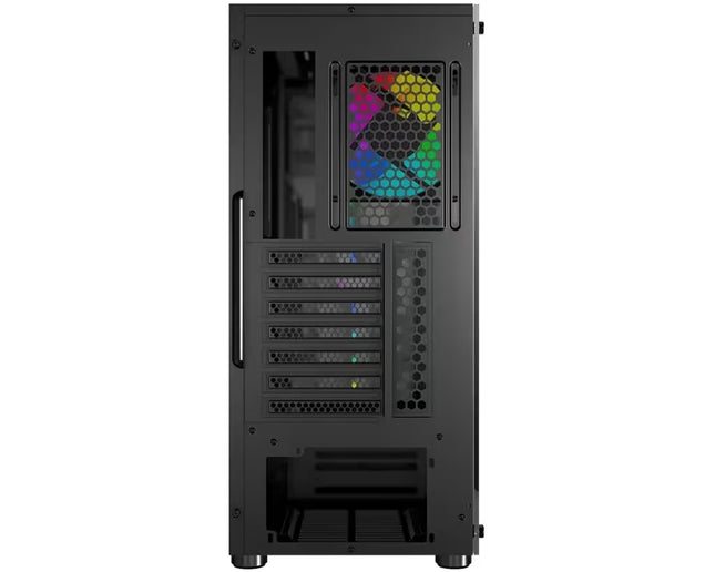 A black mid-tower computer case with a side glass panel, featuring a colorful RGB-lit front fan and multiple drive bays on a white background.