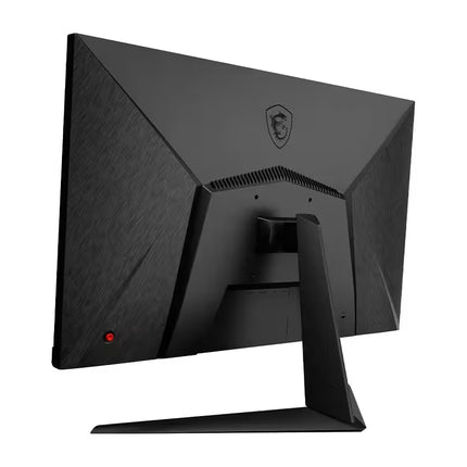A black MSI gaming monitor shown from the rear three-quarter angle, featuring a textured backplate, a central MSI shield logo, and a sleek stand, set against a plain white background.