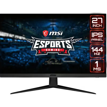 MSI 27-inch gaming monitor with a black stand, featuring an IPS panel, 144 Hz refresh rate, and 1 ms response time, shown on a white background with product feature badges on the right side of the screen.