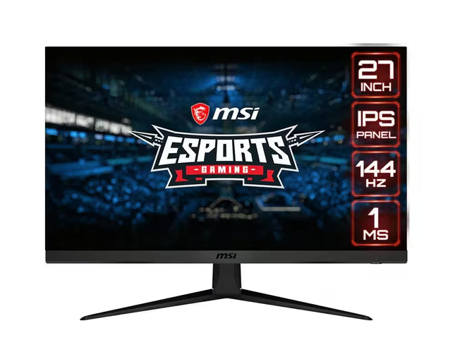 MSI 27-inch gaming monitor with a black stand, featuring an IPS panel, 144 Hz refresh rate, and 1 ms response time, shown on a white background with product feature badges on the right side of the screen.