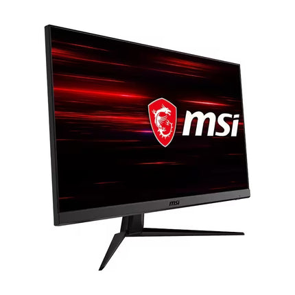 MSI gaming monitor with a black stand and bezel, displaying a red and black screen graphic with the MSI logo, on a solid white background.