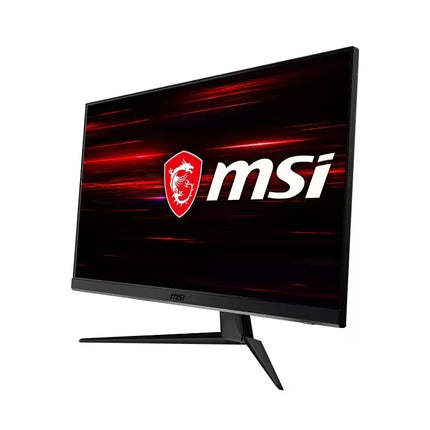 An MSI computer monitor with a black stand, shown at a three-quarter angle against a solid white background. The screen displays the red MSI dragon logo and white 'msi' text on a dark red and black background.