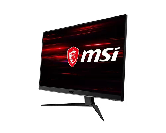 An MSI computer monitor with a black stand, shown at a three-quarter angle against a solid white background. The screen displays the red MSI dragon logo and white 'msi' text on a dark red and black background.