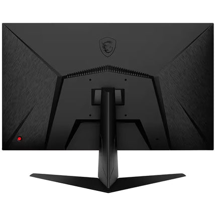 A black gaming monitor shown from the back, featuring a textured dark gray panel, a central logo emblem, and a black V-shaped stand on a plain white background.