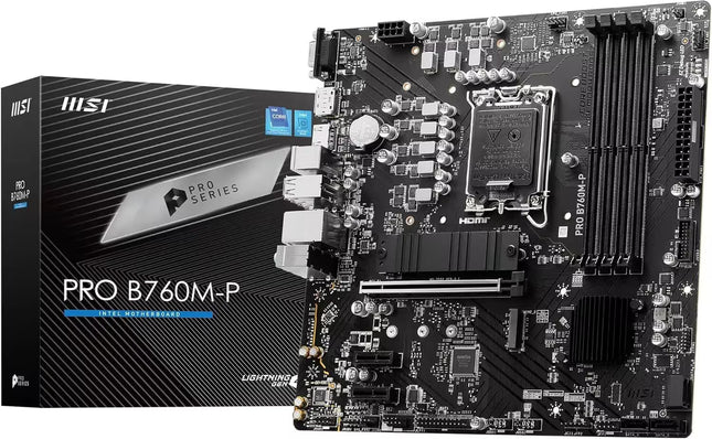 MSI Pro B760M-P motherboard and packaging on a white background