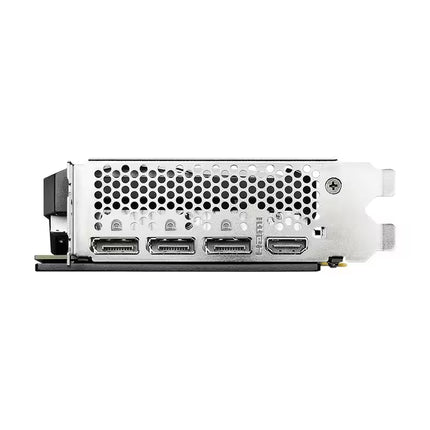 A close-up side view of a silver metal graphics card backplate showing multiple HDMI output ports, a black PCIe connector, and a honeycomb vent pattern on a white background.