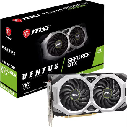 Product box and retail packaging of the MSI Ventus GeForce GTX 1660 Super OC Edition graphics card, showing the dual-fan GPU standing in front of its black and green box.