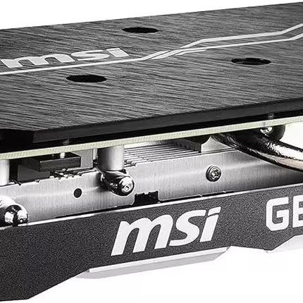 Side angle view of the MSI GeForce GTX graphics card, showcasing the sleek black brushed-metal backplate, exposed copper heat pipes, aluminum heatsink cooling fins, and an 8-pin power connector.