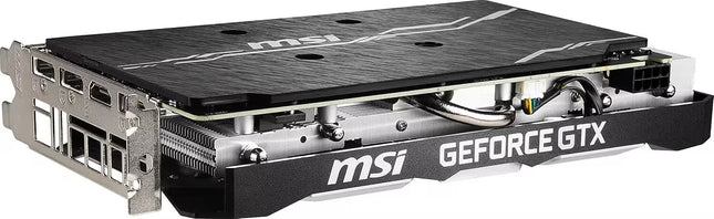 Side angle view of the MSI GeForce GTX graphics card, showcasing the sleek black brushed-metal backplate, exposed copper heat pipes, aluminum heatsink cooling fins, and an 8-pin power connector.
