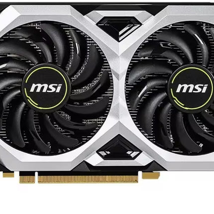 Direct front-facing view of the MSI graphics card, showcasing the dual TORX fans with MSI branding inside a symmetrical silver and charcoal shroud.