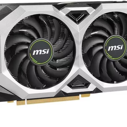 Angled front perspective of the dual-fan MSI GeForce GTX graphics card against a plain white background.