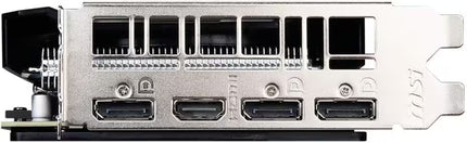 Close-up view of the video output interface panel on the MSI graphics card, detailing the specific layouts of the DisplayPort and HDMI ports.