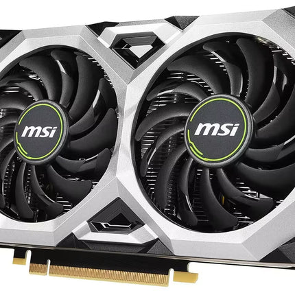 Perspective front view of the MSI dual-fan graphics card, highlighting the silver and black industrial shroud design and the MSI logo on the fan centers.