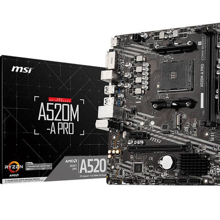 MSI motherboard and packaging on a white background