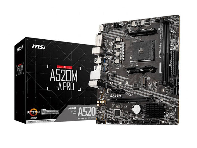 MSI motherboard and packaging on a white background