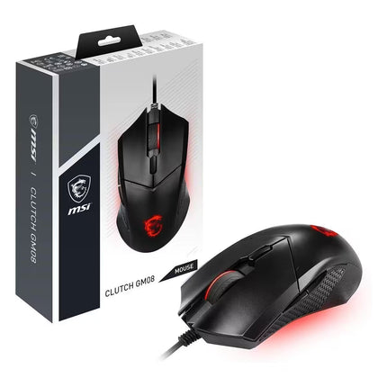 Black MSI Clutch GM08 wired gaming mouse featuring red LED backlighting and the dragon logo, displayed next to its packaging box on a white background.   