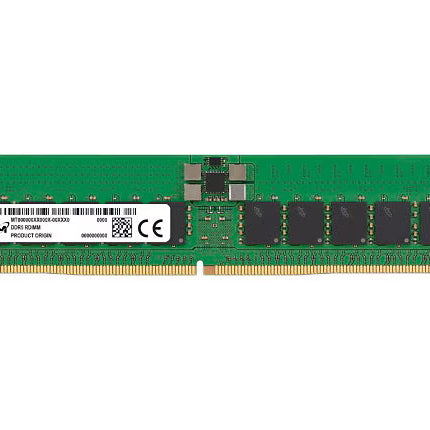 Micron 8GB DDR5 desktop memory module rated at 4800 MT/s, featuring a green PCB, black memory chips, an official Micron product label, integrated power management components, and gold-plated edge contacts.