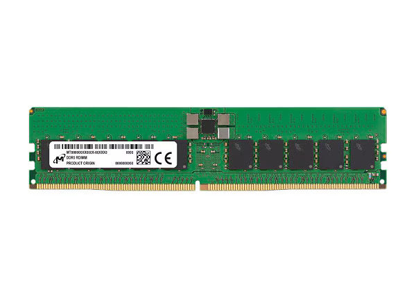 Micron 8GB DDR5 desktop memory module rated at 4800 MT/s, featuring a green PCB, black memory chips, an official Micron product label, integrated power management components, and gold-plated edge contacts.