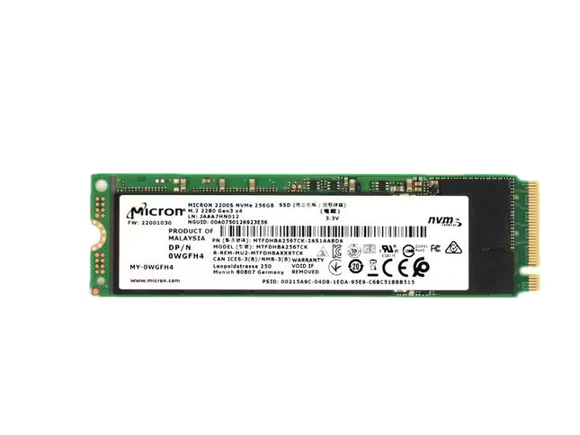 Micron 2200S 256GB M.2 NVMe SSD with product label and M.2 2280 form factor on a white background