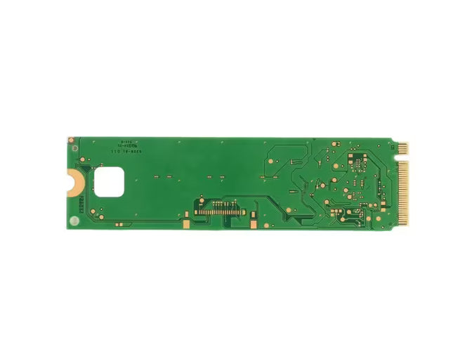 Back view of a Micron 2200S 256GB M.2 NVMe SSD showing the green PCB and M.2 connector on a white background.