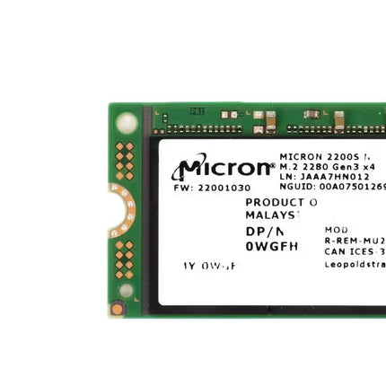Close-up of the Micron 2200S 256GB M.2 NVMe SSD label showing the Micron logo, product information, and M.2 connector.