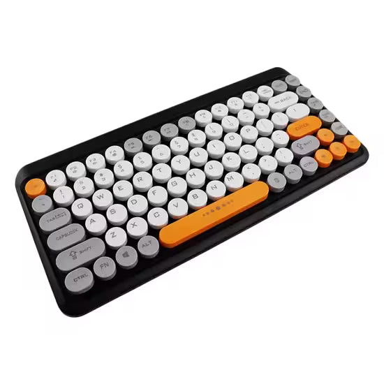 Compact 68-key wireless keyboard with a retro-inspired design, featuring round white and gray keycaps, vibrant orange accent keys, and an orange spacebar. The keyboard has a black frame and compact layout, making it suitable for portable use with laptops, tablets, and desktop computers.