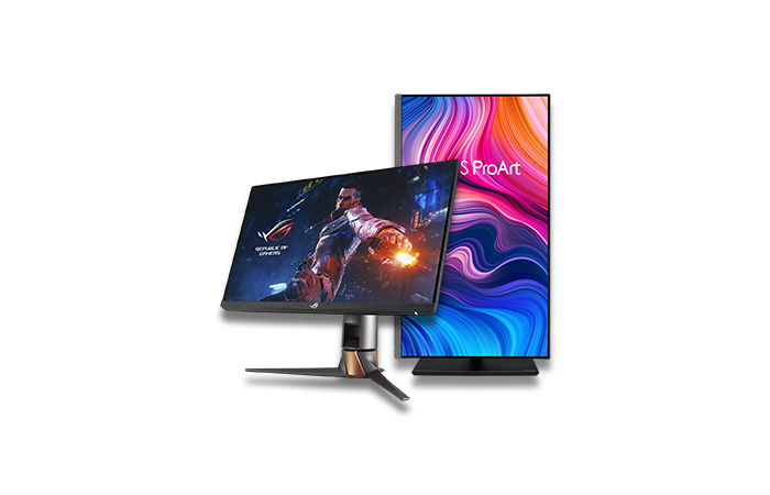 Two computer monitors with different displays on a white background